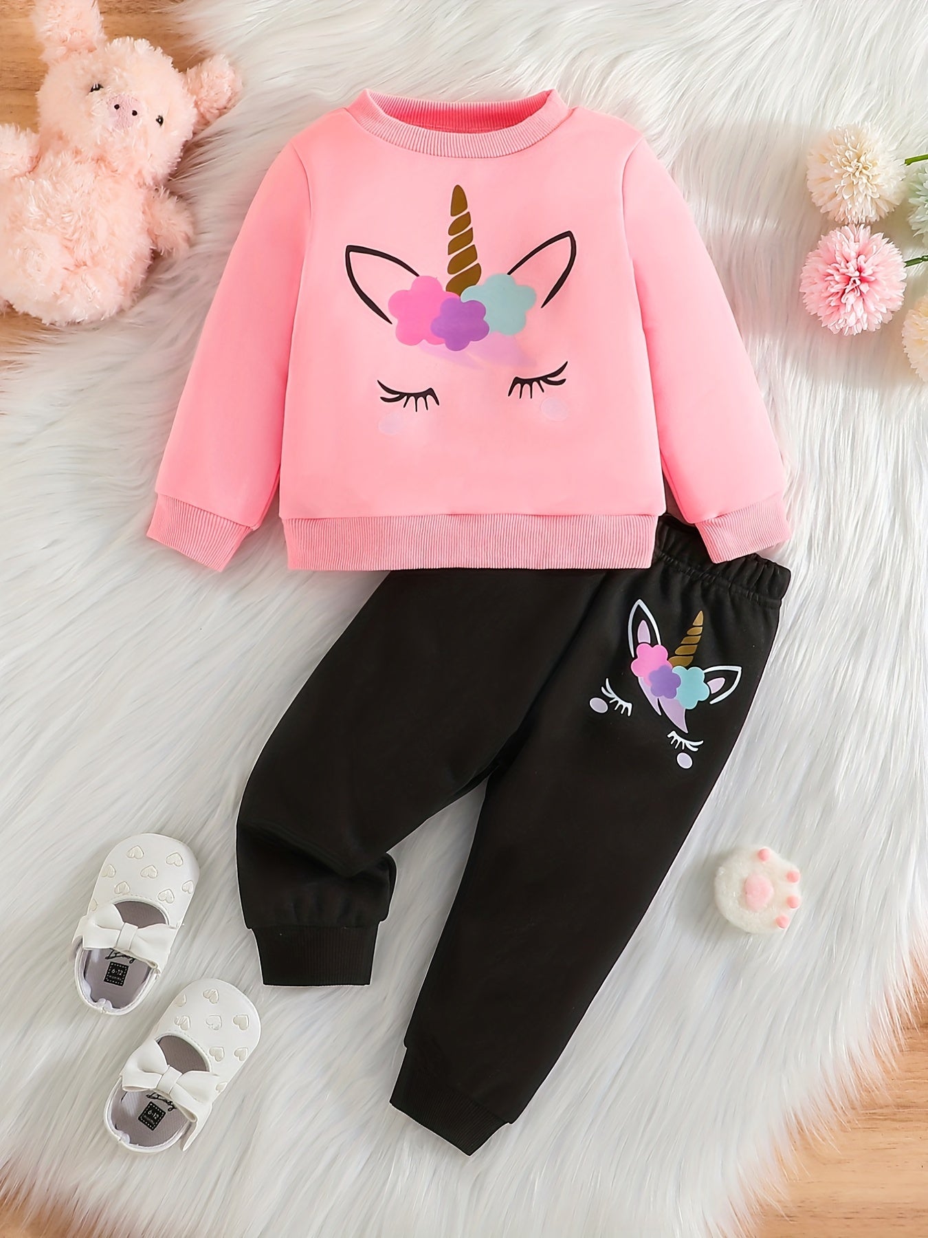 Unicorn Print Baby Girl Sweatshirt Sweatpants Set Spring And Autumn