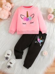 Unicorn Print Baby Girl Sweatshirt Sweatpants Set Spring And Autumn