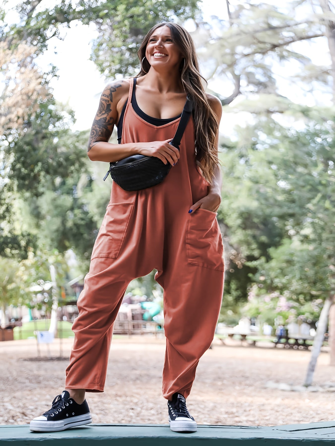 V Neck Cami Jumpsuit with Zipper Pockets