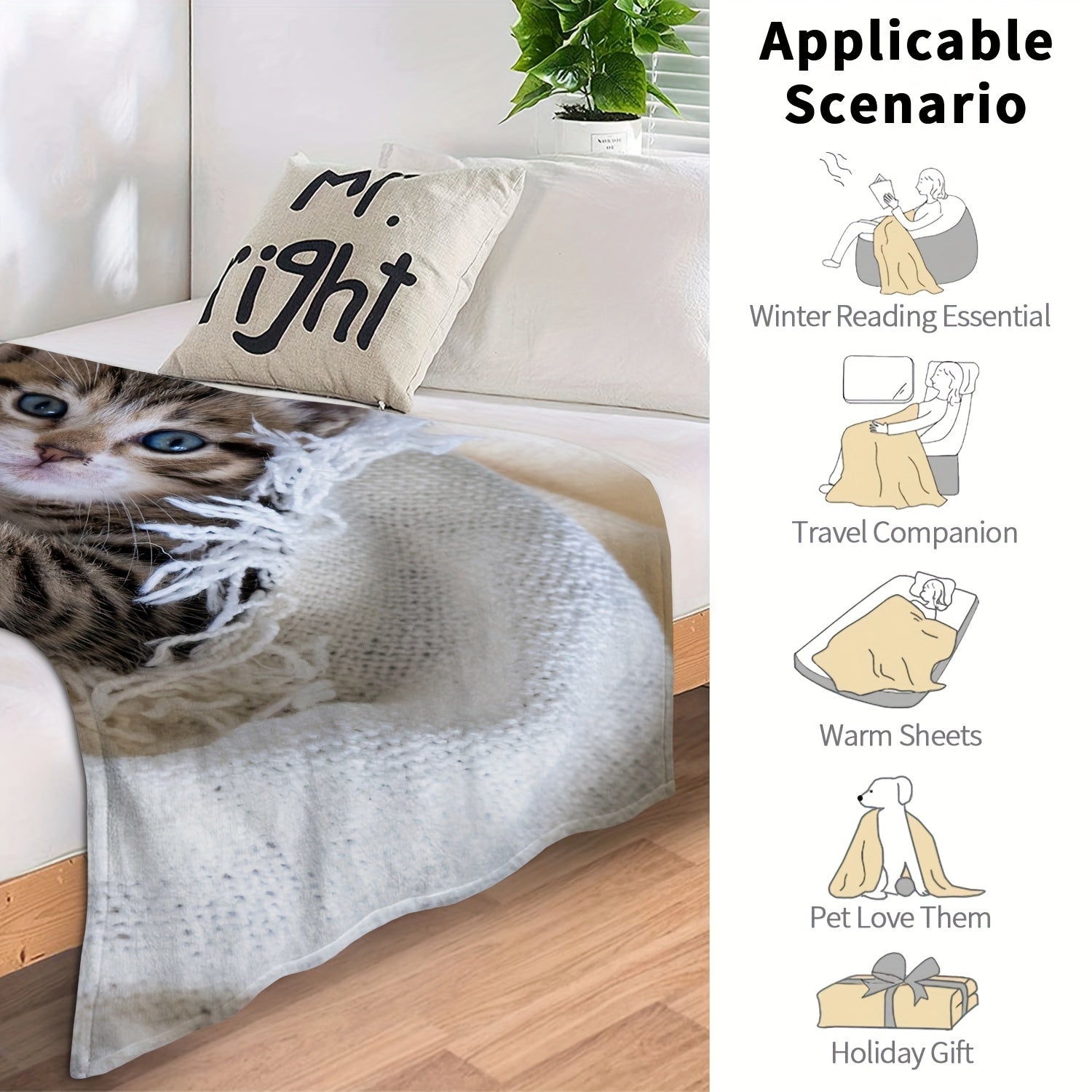 Kitten Blanket Warm Flannel Soft Plush Blanket For Outdoor Travel