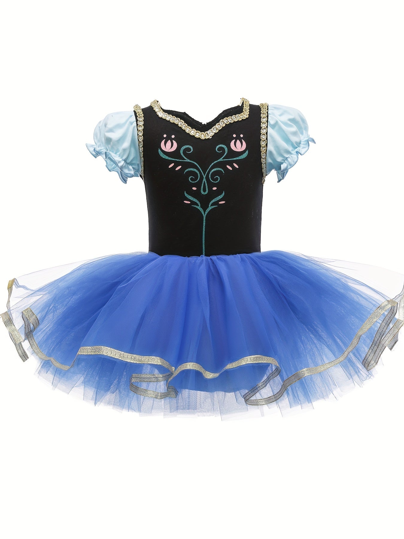 Girls Floral Embroidery Tulle Tutu Mesh Puff Sleeve Princess Ballet Dance Dress