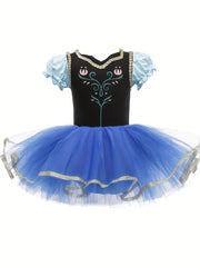 Girls Floral Embroidery Tulle Tutu Mesh Puff Sleeve Princess Ballet Dance Dress