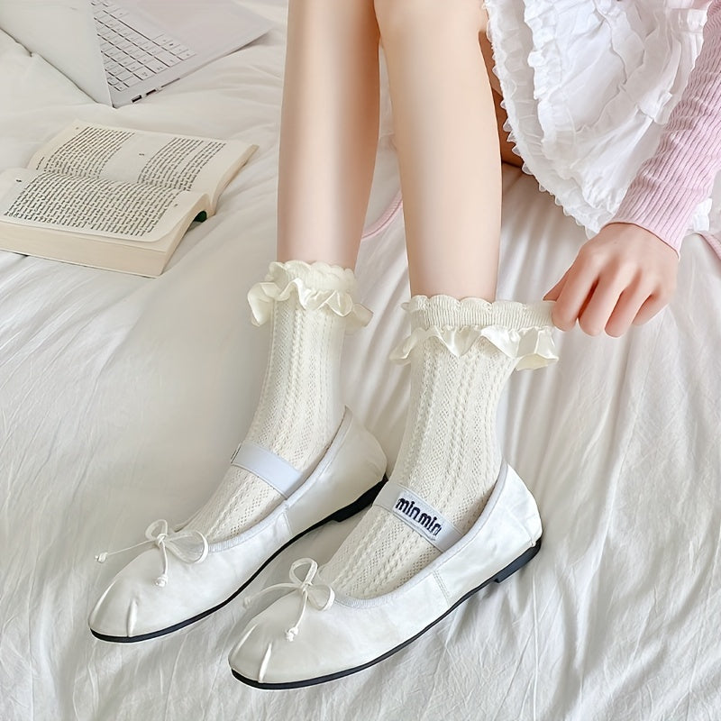 5 Pairs Ruffle Solid Socks Comfy Women's Stockings