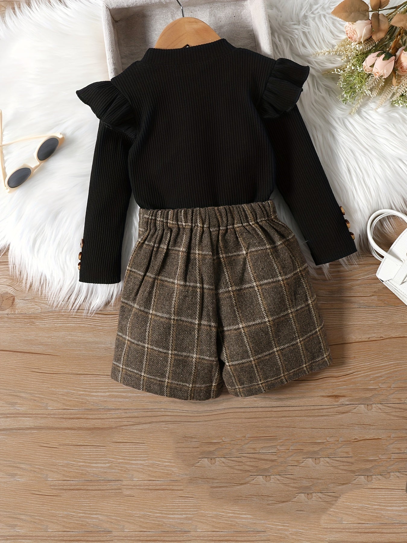 Girl's Ribbed Top & Plaid Shorts Set Casual Outfits Kids Clothes