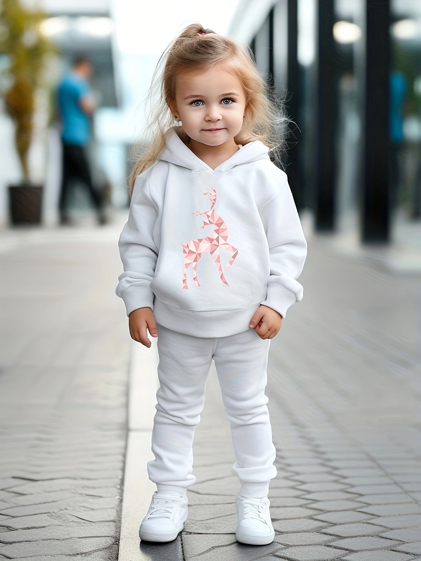 Reindeer Print Outfits 2pcs Girls Hoodies Jogger Pants Set For Sports