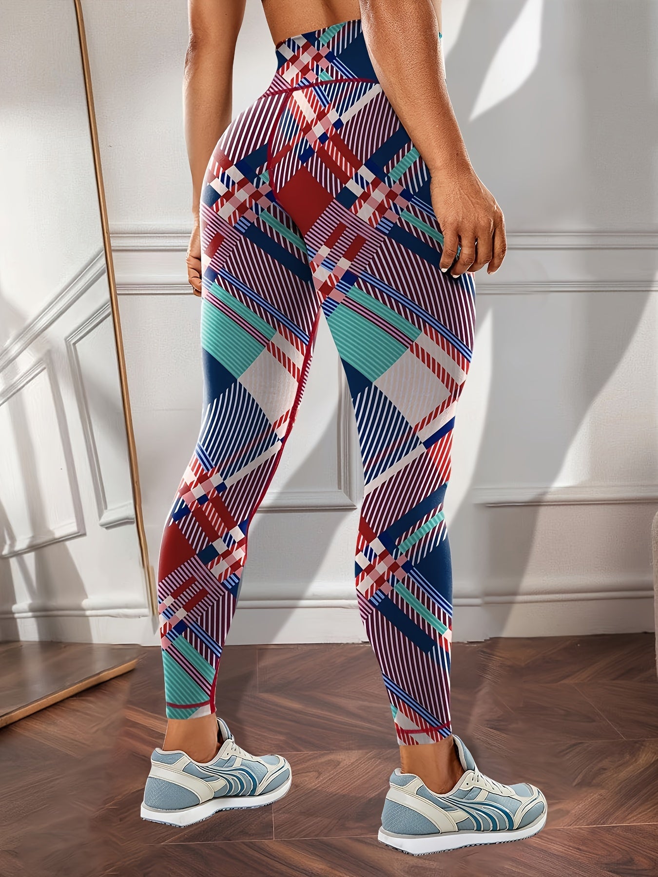 Colorful Plaid Print Yoga Leggings High Waist Tummy Control Pants