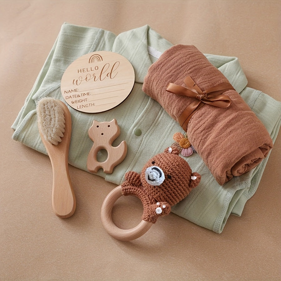 Cute Baptism Set: Towel, Hook, Rattle, Brush, Photo Prop