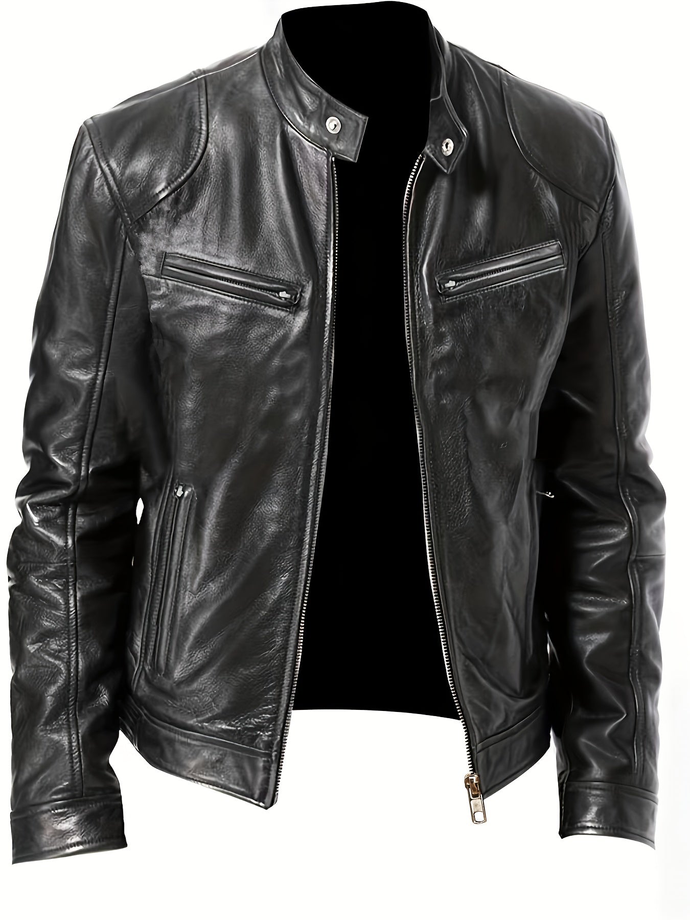 PU Biker Jacket Men's Casual Pockets Zip Up Stand Collar Faux Leather Jacket