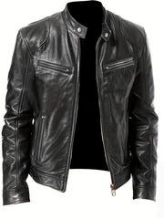 PU Biker Jacket Men's Casual Pockets Zip Up Stand Collar Faux Leather Jacket