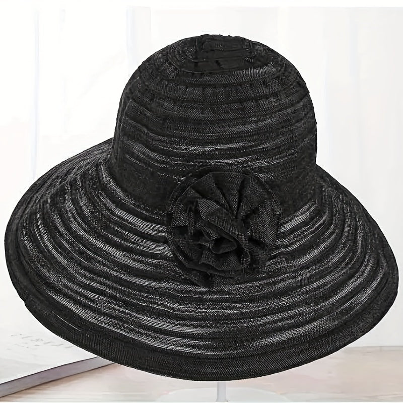 Wide Brim Floppy Sun Hat Flower Decor Striped Crinkle Bucket Hat