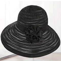 Wide Brim Floppy Sun Hat Flower Decor Striped Crinkle Bucket Hat