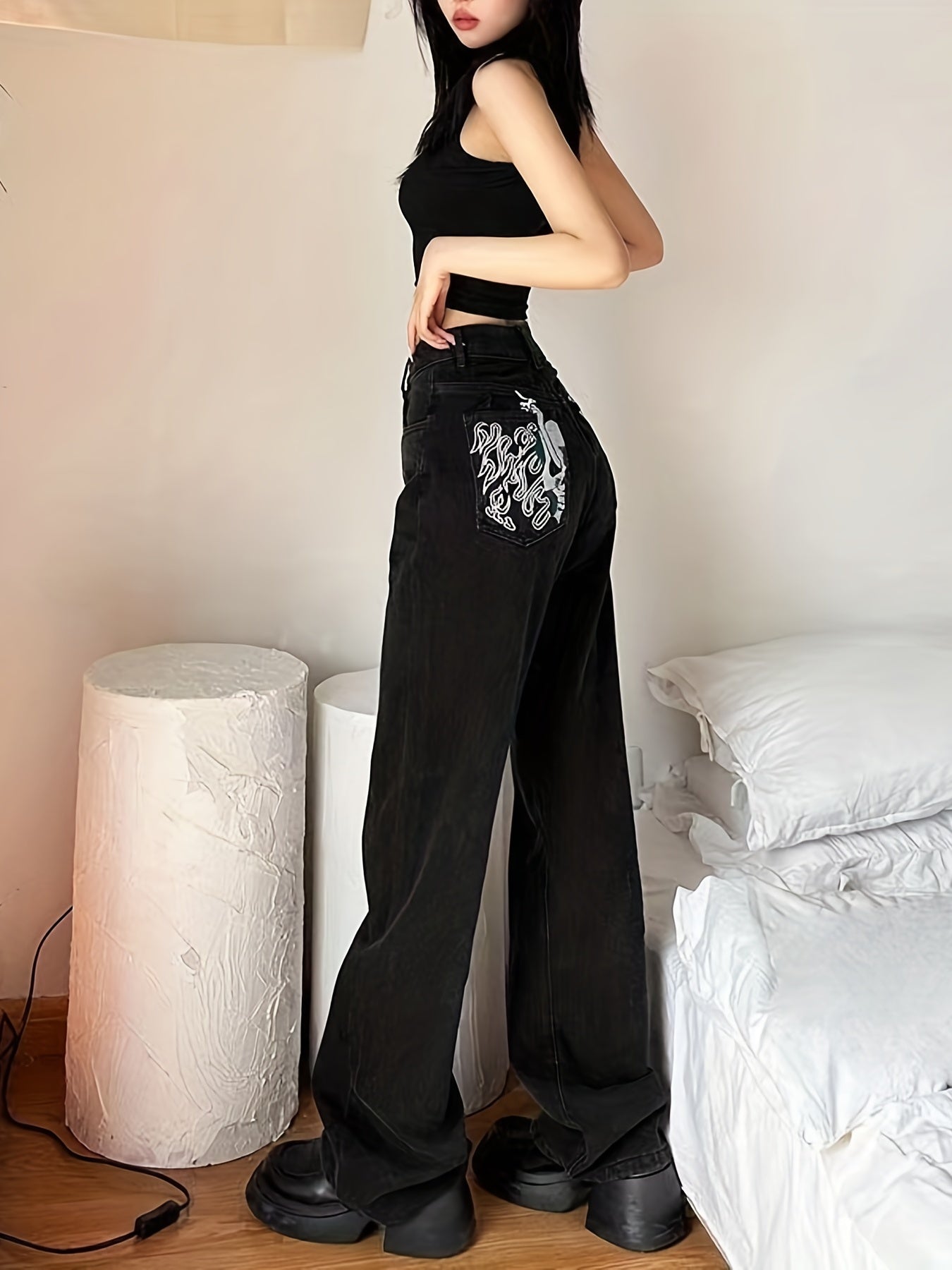 Skull Flame Embroidery Halloween Denim Pants