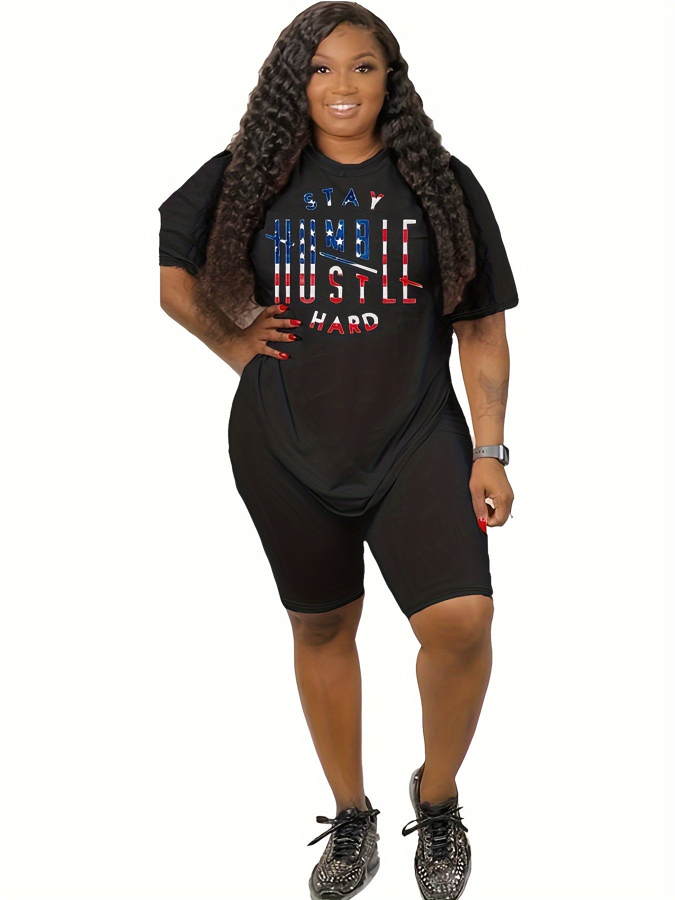 Two Piece Set Women's Flag Print Short Sleeve Tee & Shorts Set