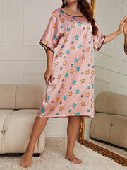 Nightgown Women's Plus Star Print Half Sleeve Satin Sleep Dress