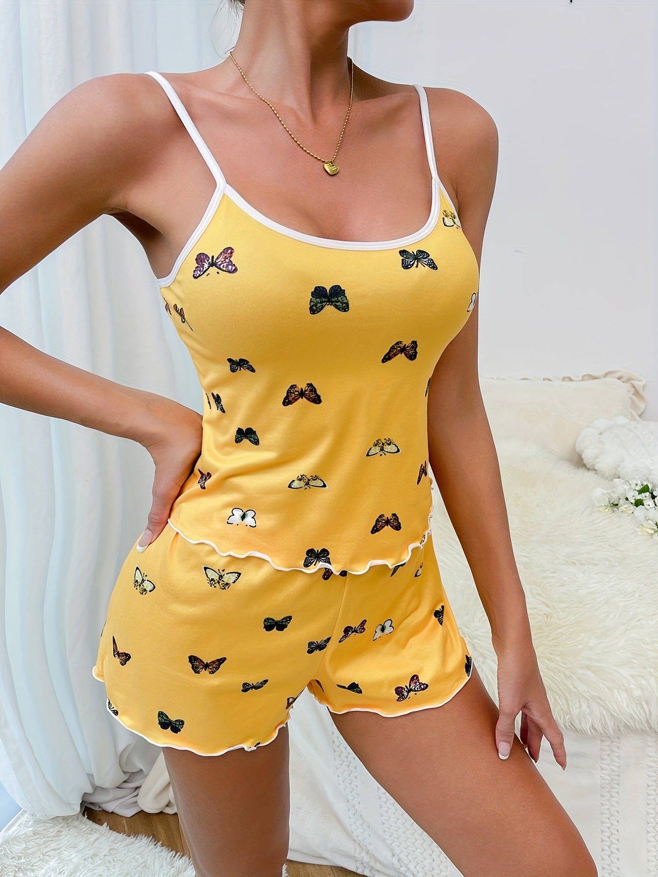 Butterfly Print Pajama Set Cami Top & Shorts Women's Sleepwear