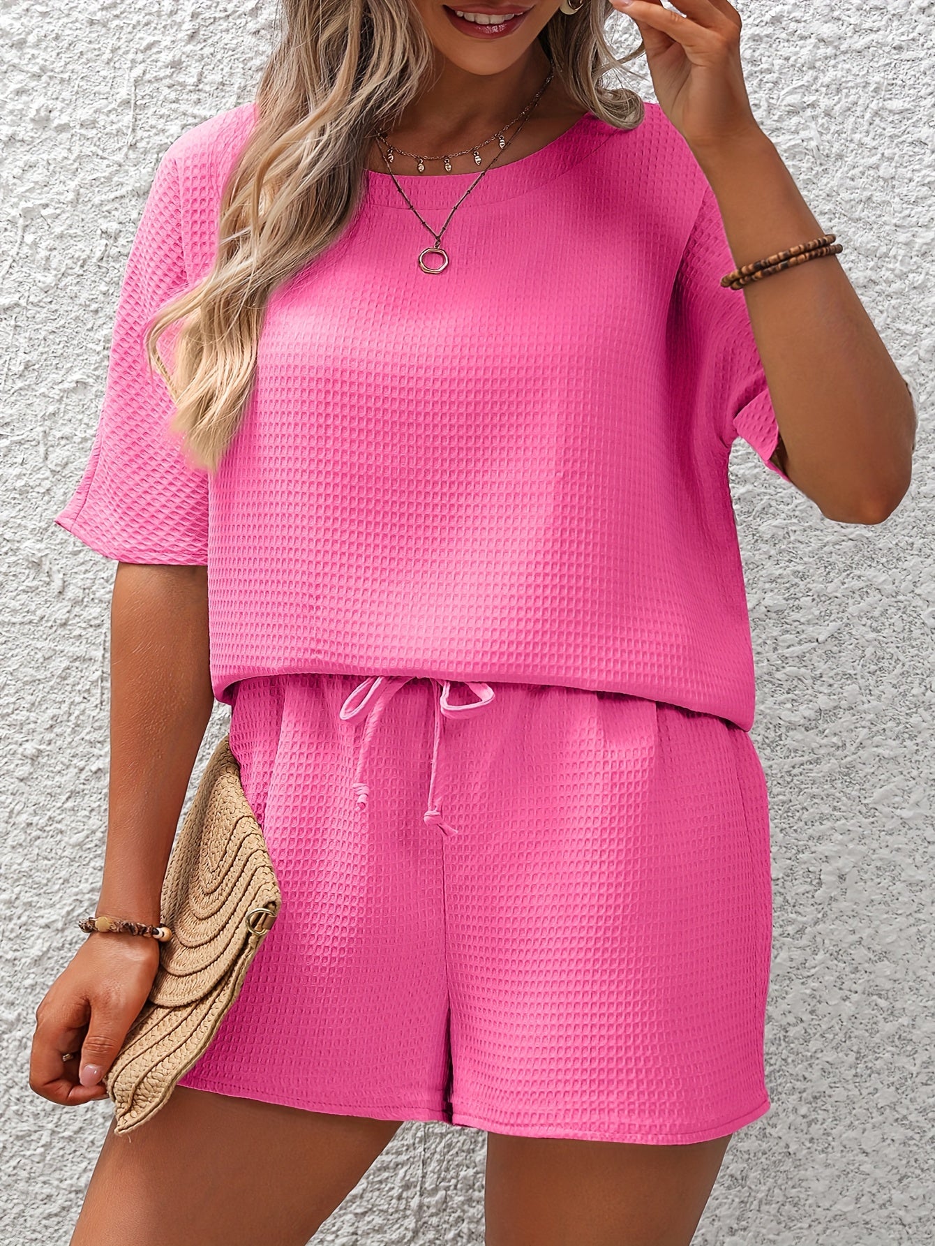 Waffle Knit Top & Drawstring Shorts 2PC Set
