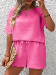 Waffle Knit Top & Drawstring Shorts 2PC Set