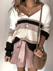 Colorblock Button Up V Neck Sweater Coat