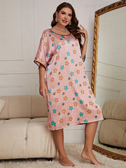 Nightgown Women's Plus Star Print Half Sleeve Satin Sleep Dress