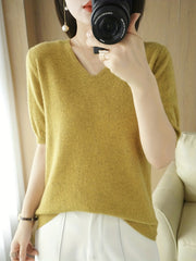 Half Sleeve V Neck Sweater Knitted Casual Top Women's Clothing