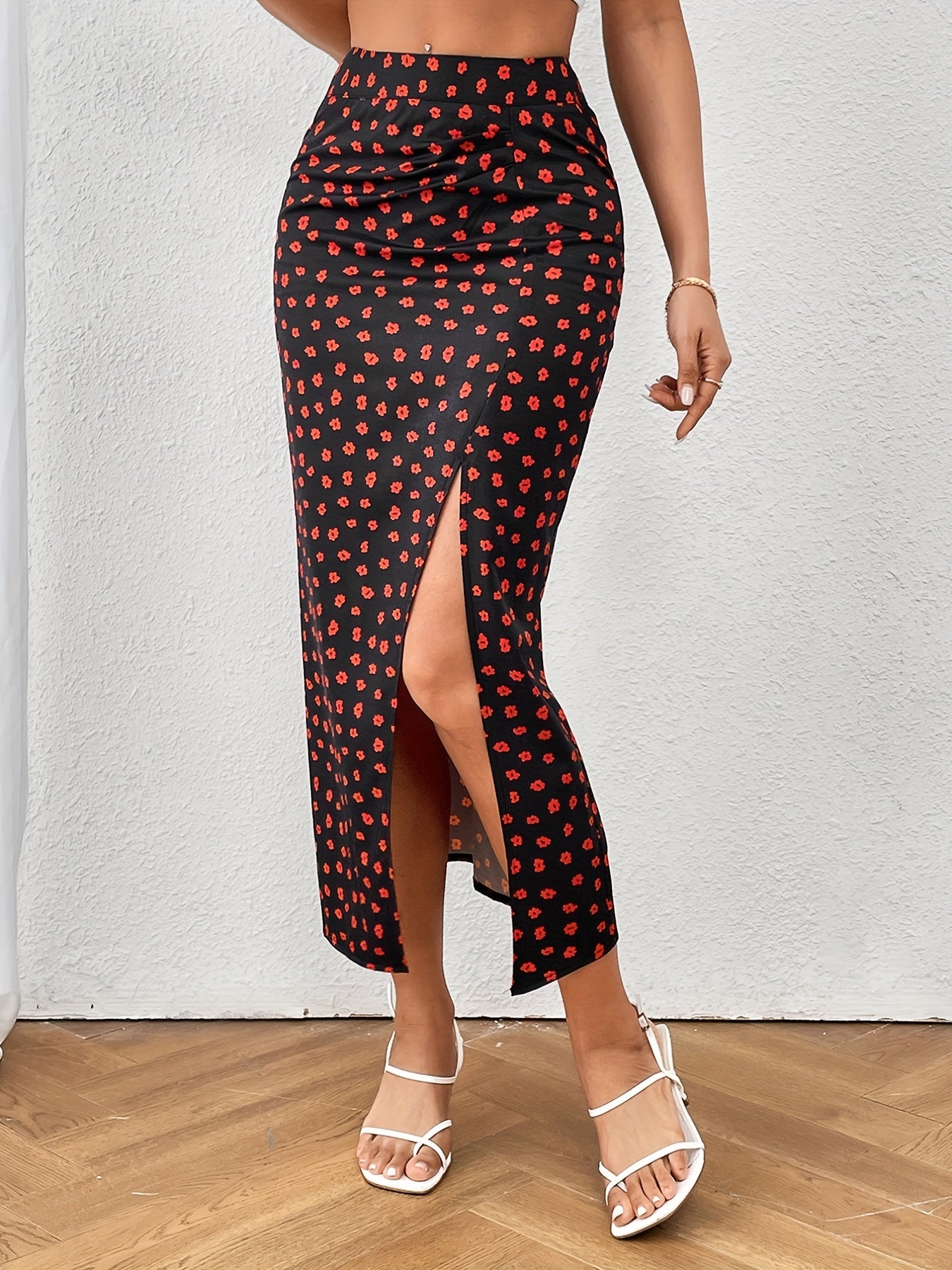 Floral Print Slit Skirt High Waist for Women
