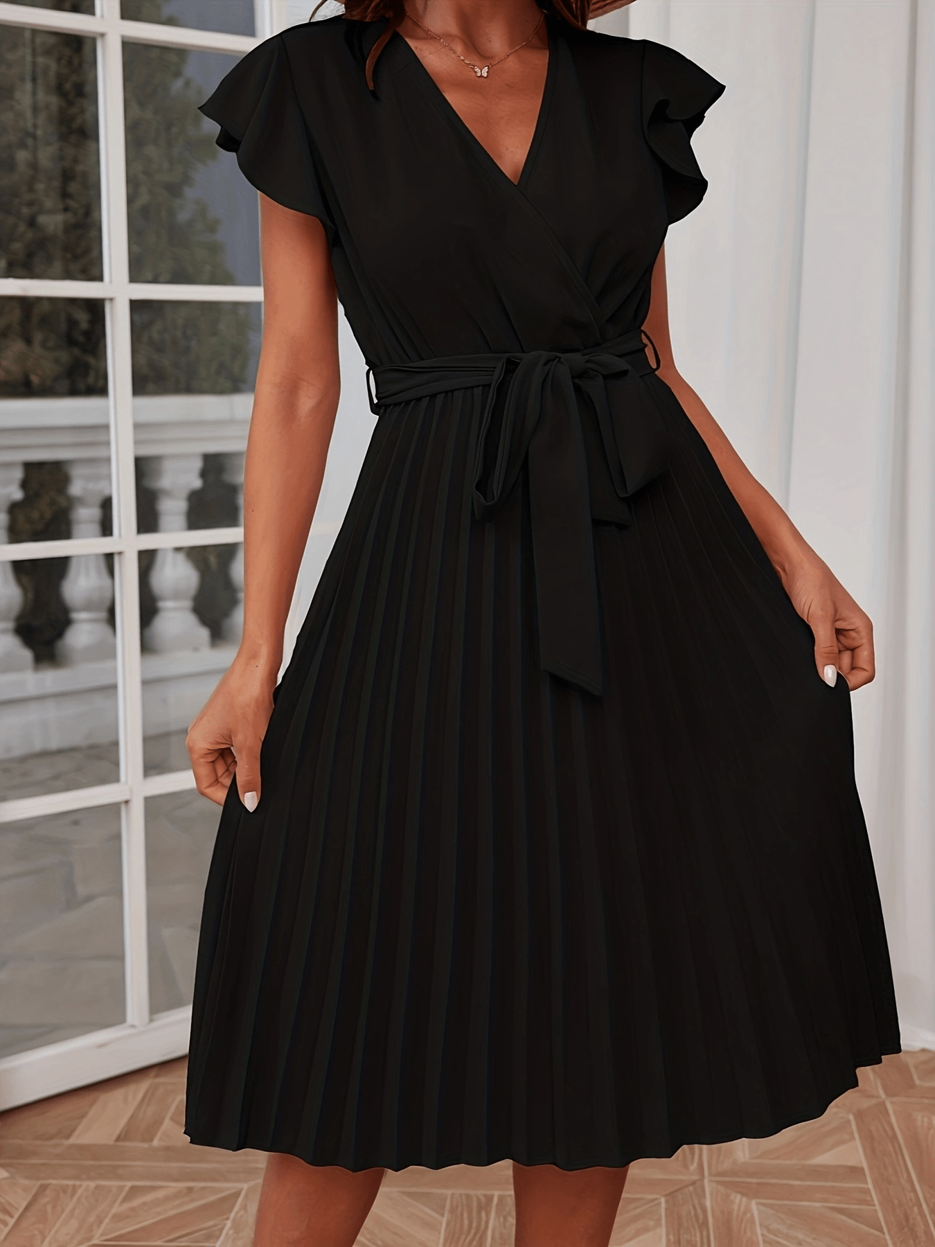 Surplice Neck Pleated Dress Solid Ruffle Trim Party Dress
