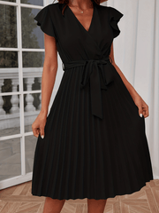 Surplice Neck Pleated Dress Solid Ruffle Trim Party Dress