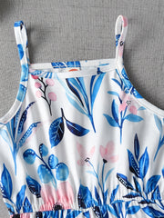 Girls Square Collar Cami Romper Flowers Print Stretch Jumpsuit Kids Summer