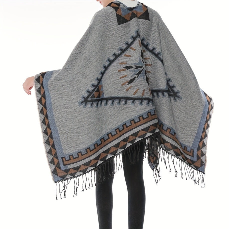 Boho Geometric Jacquard Shawl Tassel Wrap Windproof Cape
