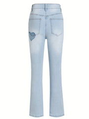 Heart Print Skinny Flared Jeans With Pockets