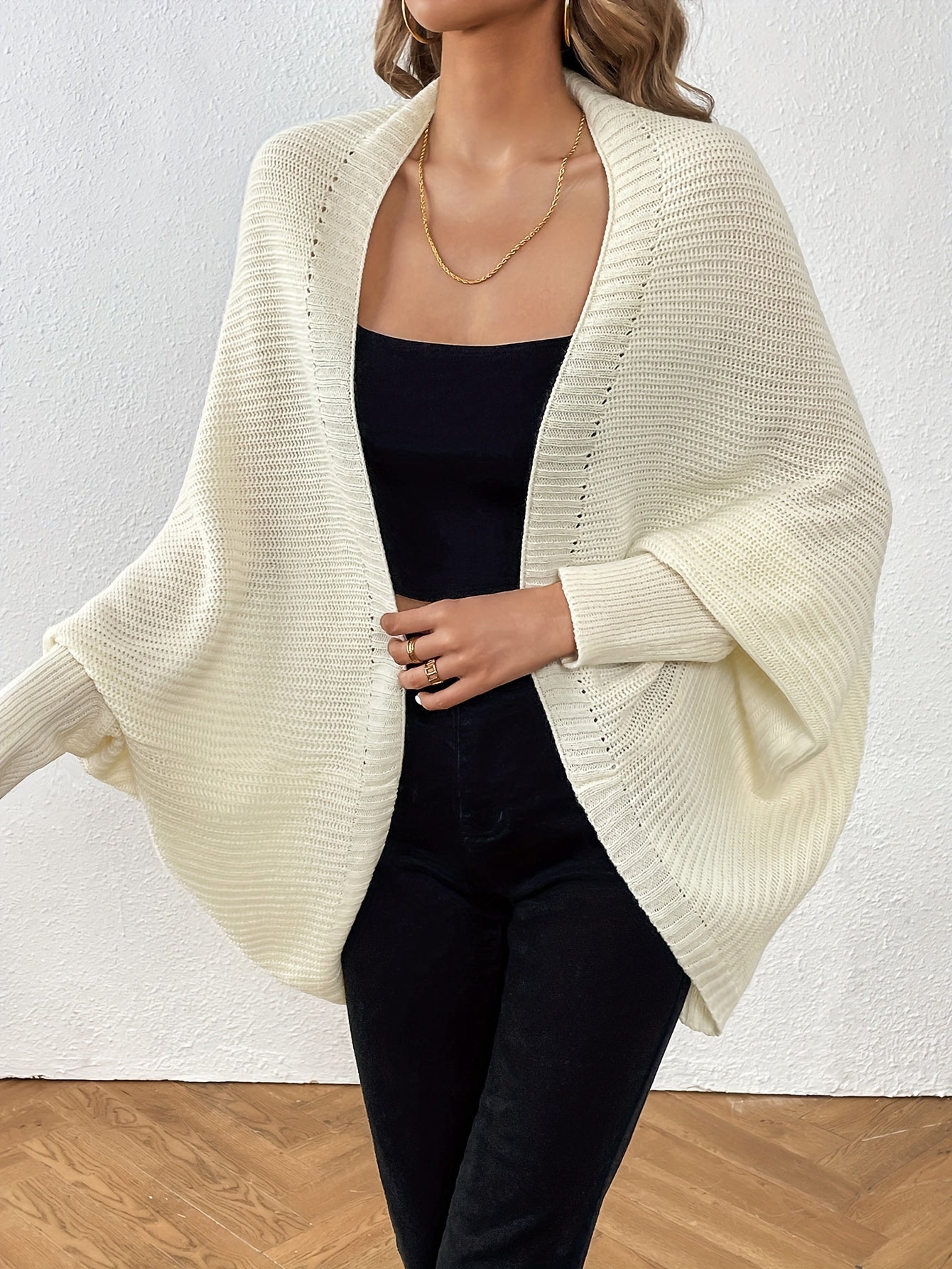 Batwing Sleeve Knit Cardigan Open Front Solid Sweater