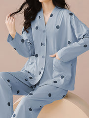 Polka Dot Pajama Set Long Sleeve V Neck Top & Pants Women's Sleepwear