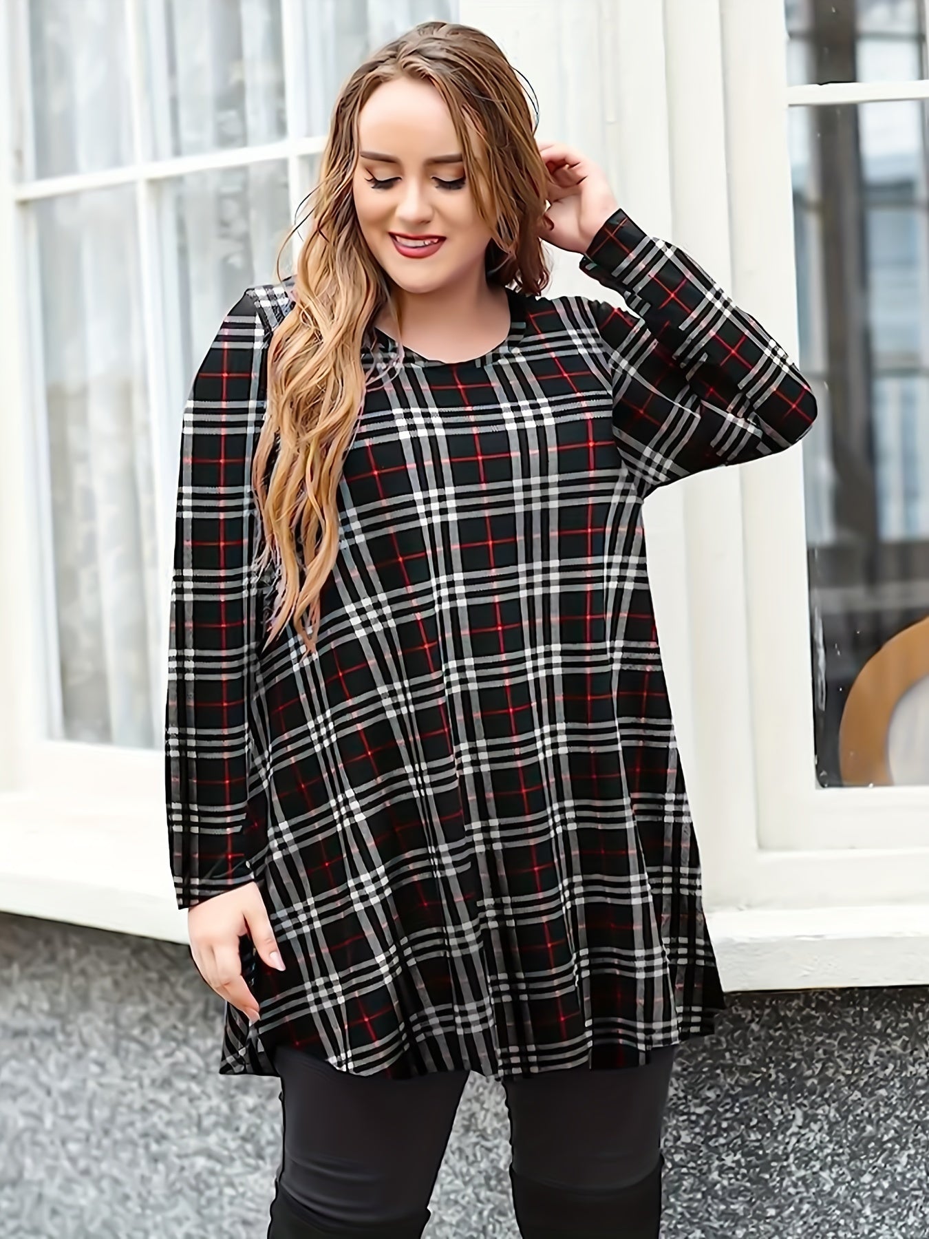 Women's Plaid Print Long Sleeve A Line Mini Dress