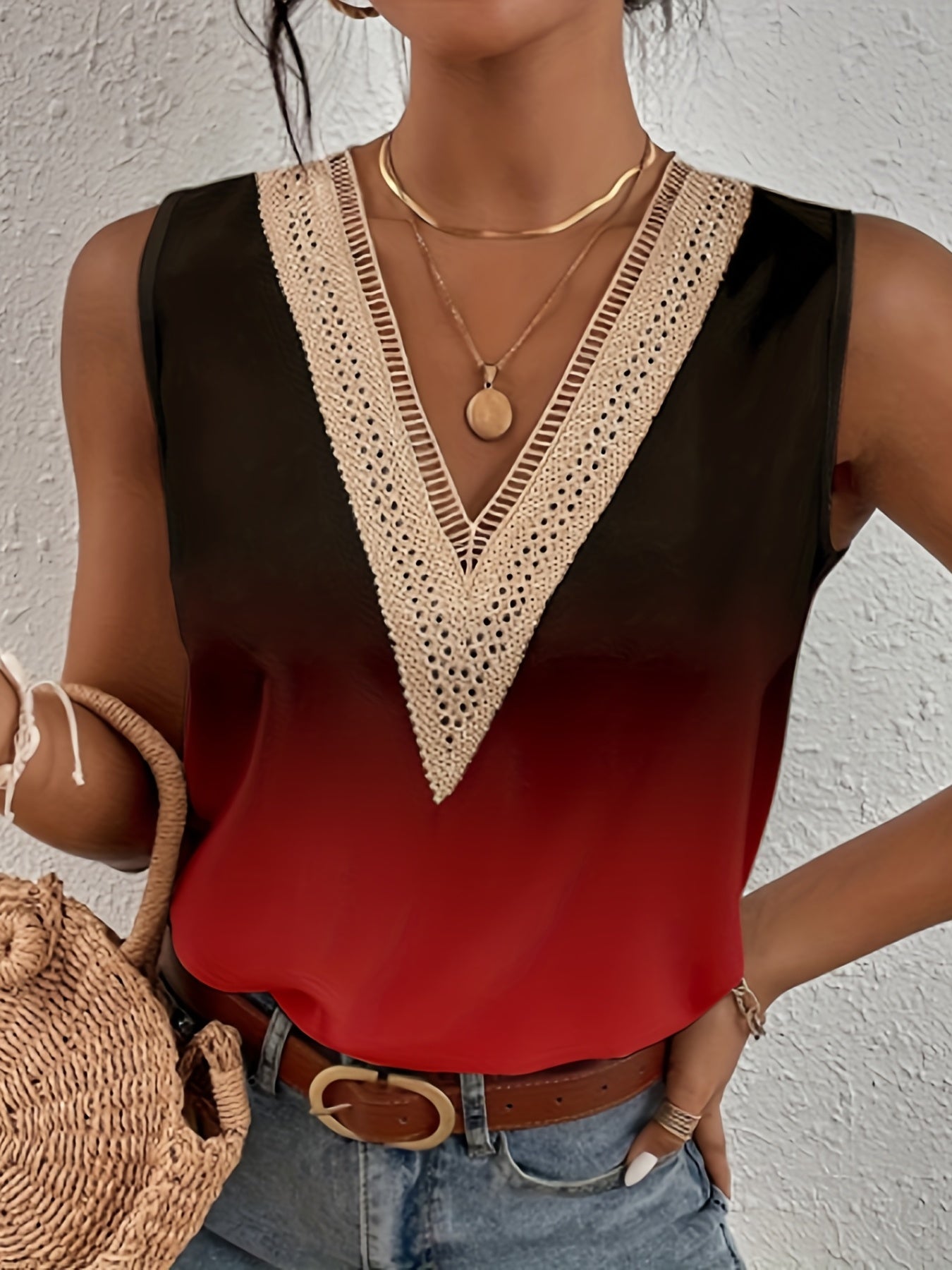Lace Trim Tank Top Gradient Sleeveless Summer Top