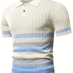 Stripe Pattern Polo Sweater Men's Warm Stretch V Neck Pullover