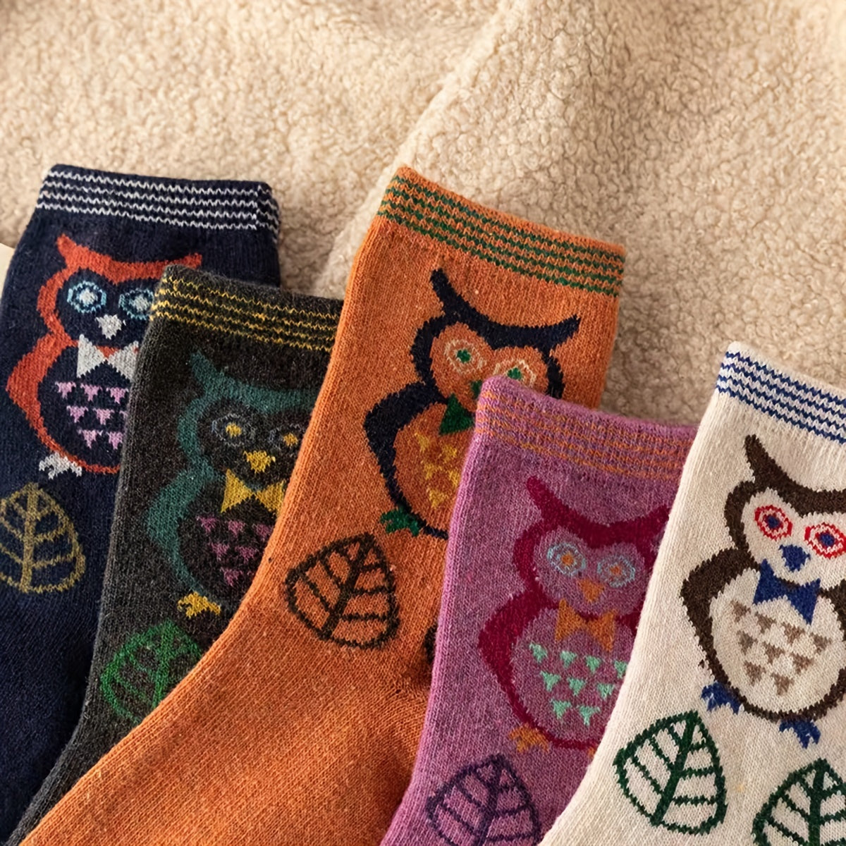 5 Pairs Owl Pattern Crew Socks Warm Mid Tube Women's Stockings