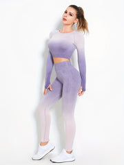 Yoga Workout Set Ombre Hollow Crop Top & Leggings Suit Women's Activewear