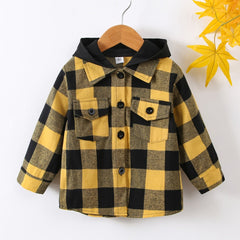 Boys Plaid Hooded Shirt Long Sleeve Button Down Jacket for Autumn