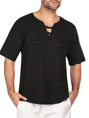 INCERUN Men's Cotton Short Sleeve Lace Up Shirts Hippie Baggy V Neck Tee