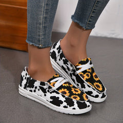 Chrysanthemum & Cow Print Canvas Shoes Low Top Lace Up Round Toe Lightweight