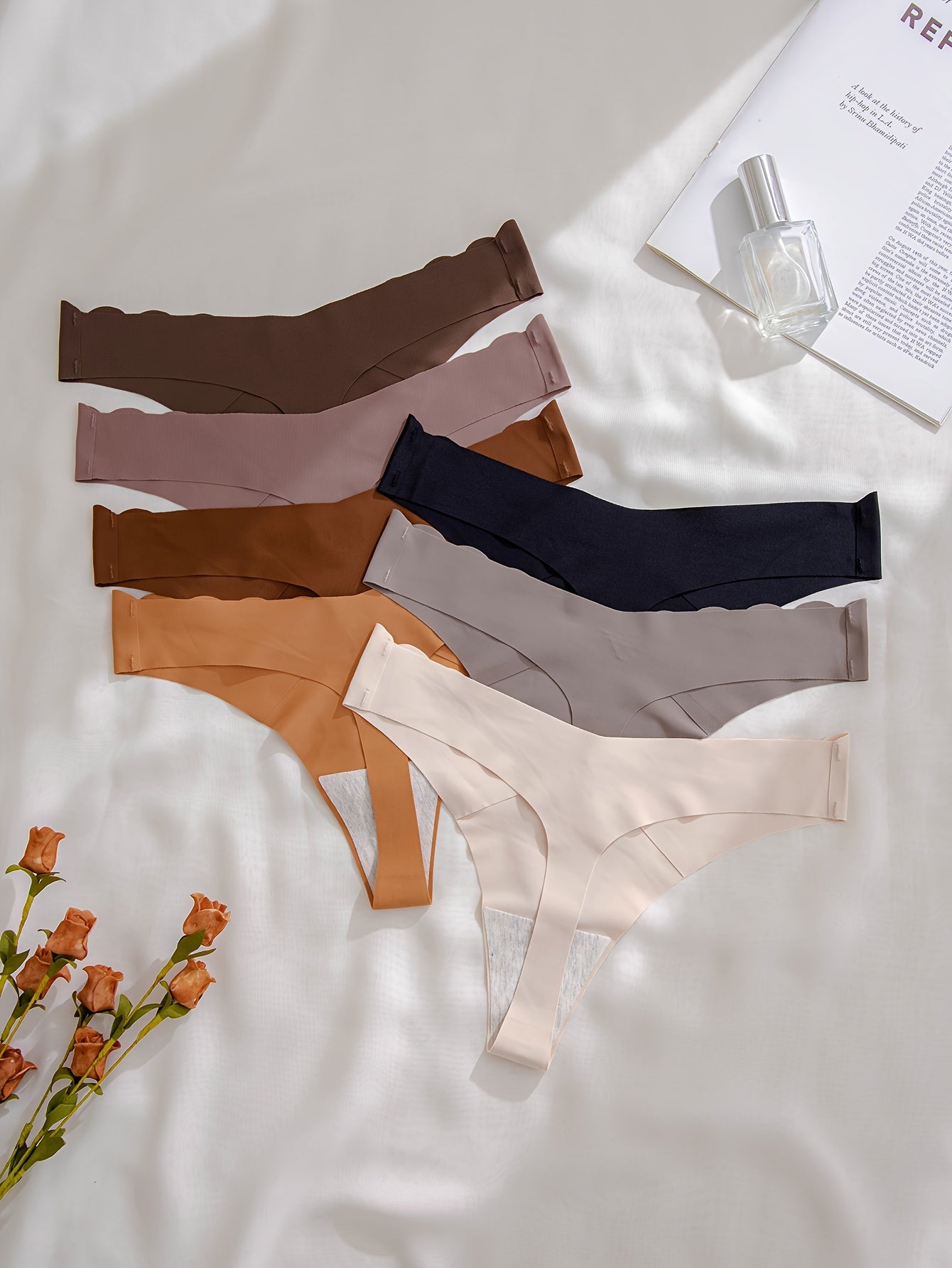 7pcs Scallop Trim Thongs Soft Comfy Stretchy Underwear