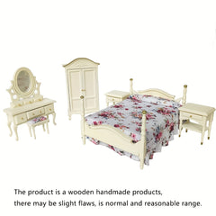 1:12 Vintage Furniture Set Cream/Mahogany Dollhouse Bed Dresser Armoi