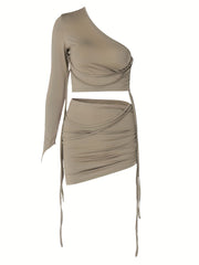 One Shoulder Crop Top & Ruched Skirt Set Sexy Two Piece Outfit