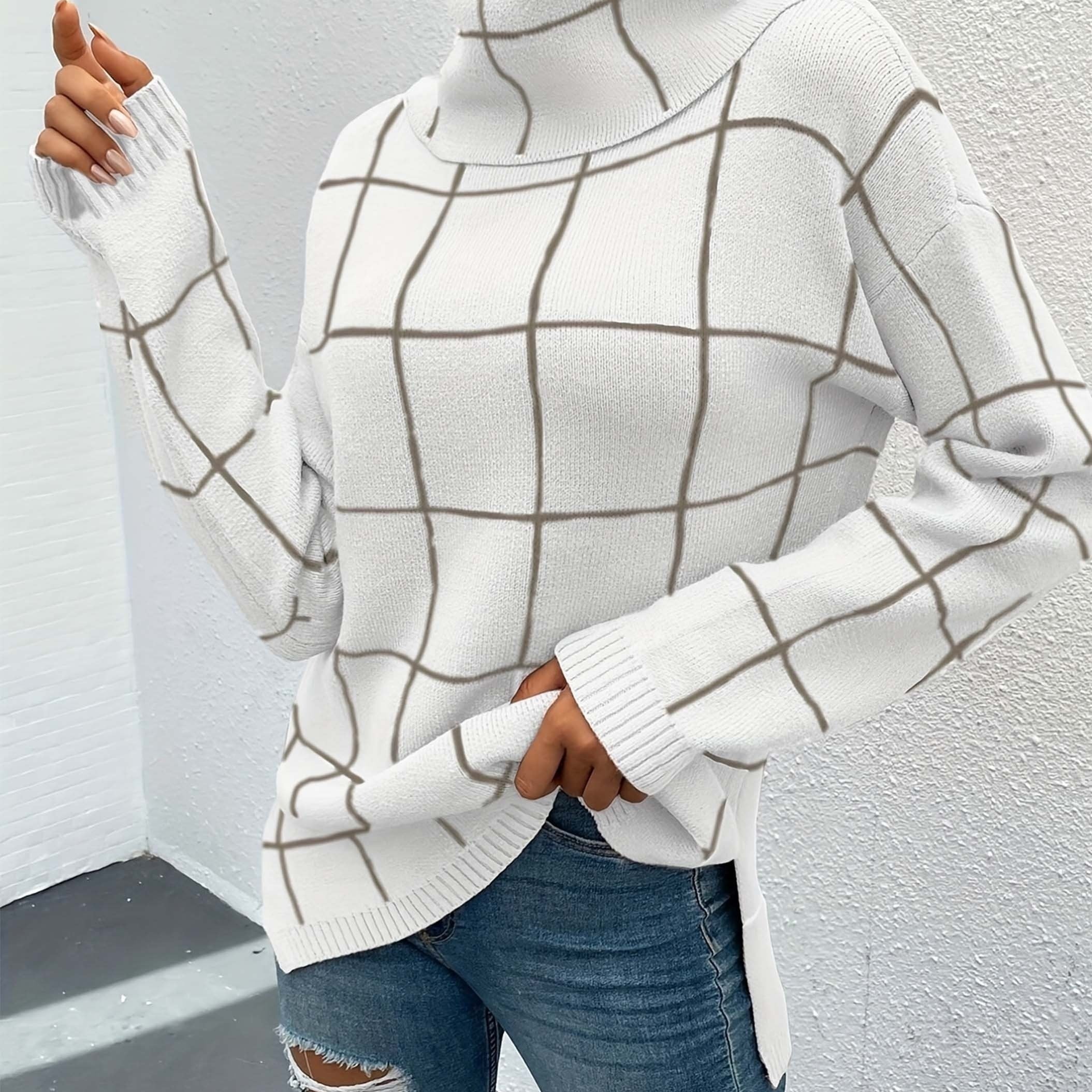 Plaid Turtleneck Knitted Pullover Top Long Sleeve Sweater