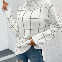 Plaid Turtleneck Knitted Pullover Top Long Sleeve Sweater