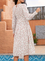 Floral Print Shirred Dress Boho Midi Dress
