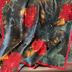Vintage Red Flower Print Scarf Dark Tie Dye Satin Shawl