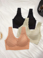3pcs Lace Wireless Bras Comfy Scallop Trim Bra Women's Lingerie