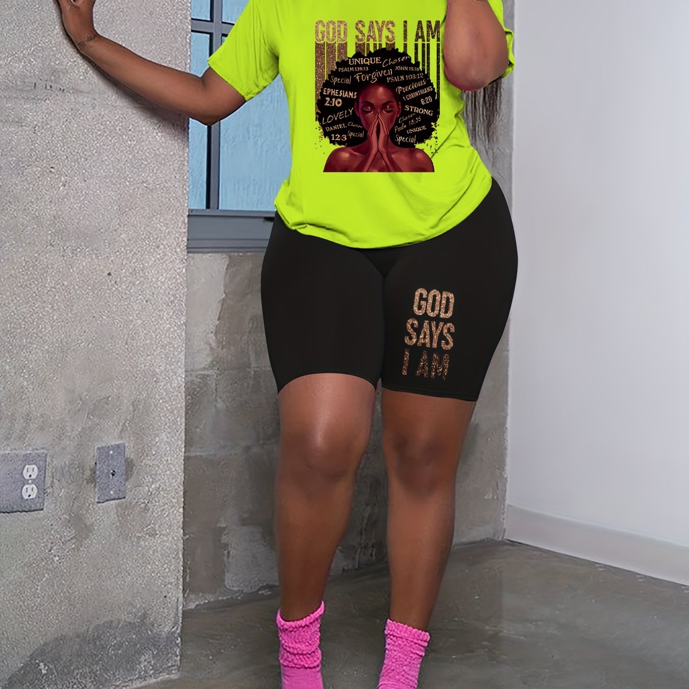Plus Size Casual Two Piece Set: Figure & Letter Print Tee & Shorts