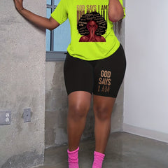 Plus Size Casual Two Piece Set: Figure & Letter Print Tee & Shorts